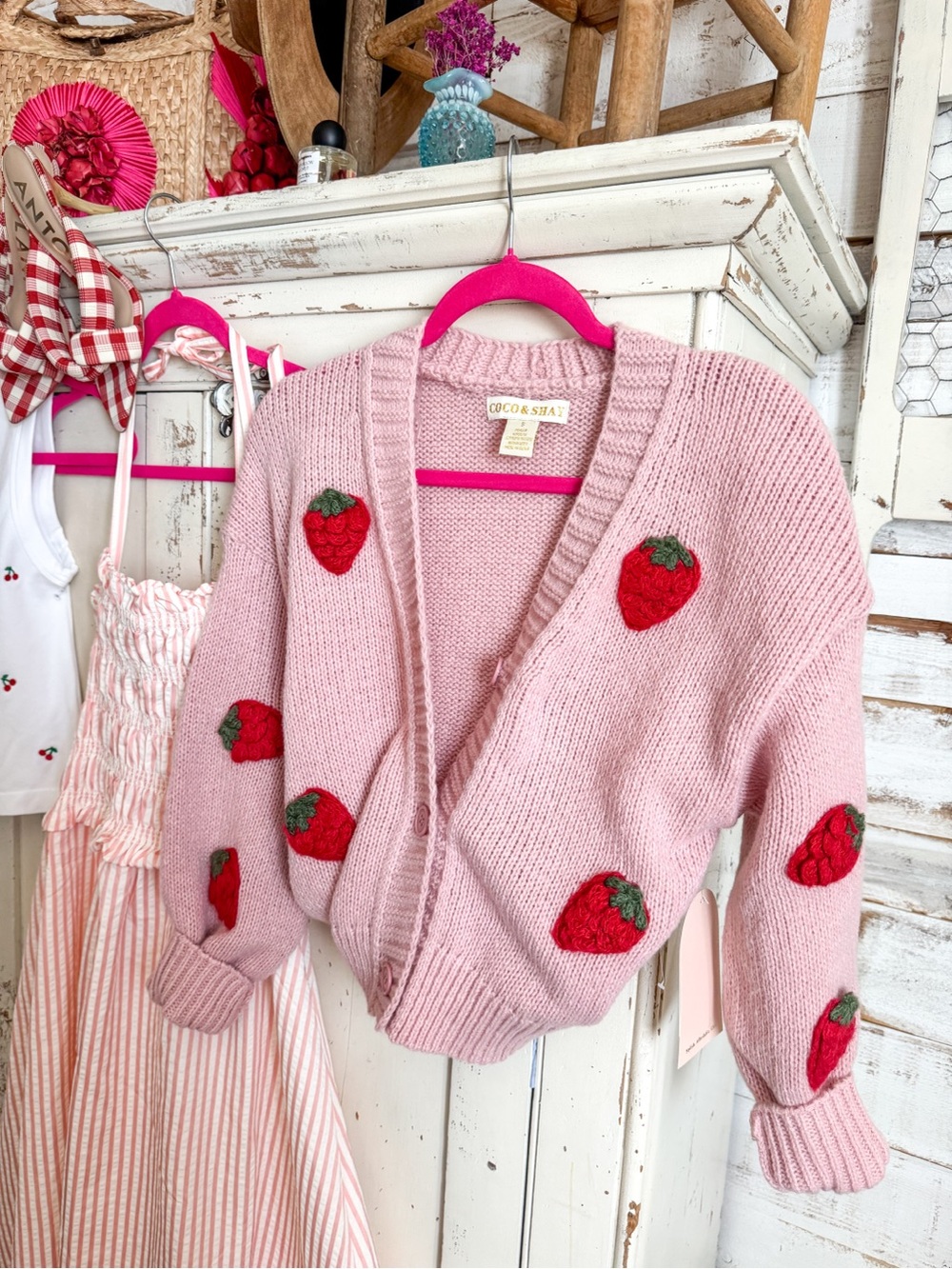 Pink Strawberry Embroidered Cardigan Sweater